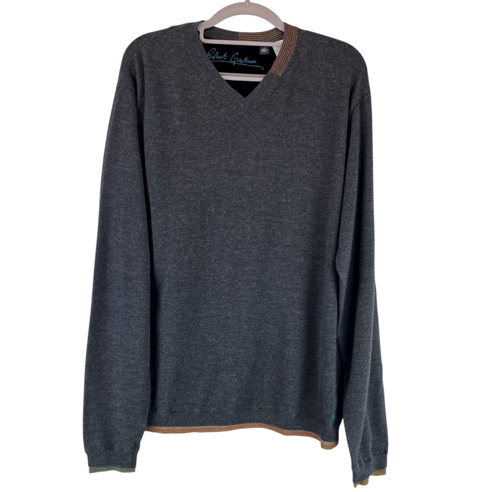 Robert Graham V-neck Pullover Cotton Sweater Micro Stripes at Neck / Hem Gray L